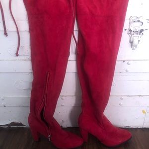 Red Faux Suede Thigh High Boots